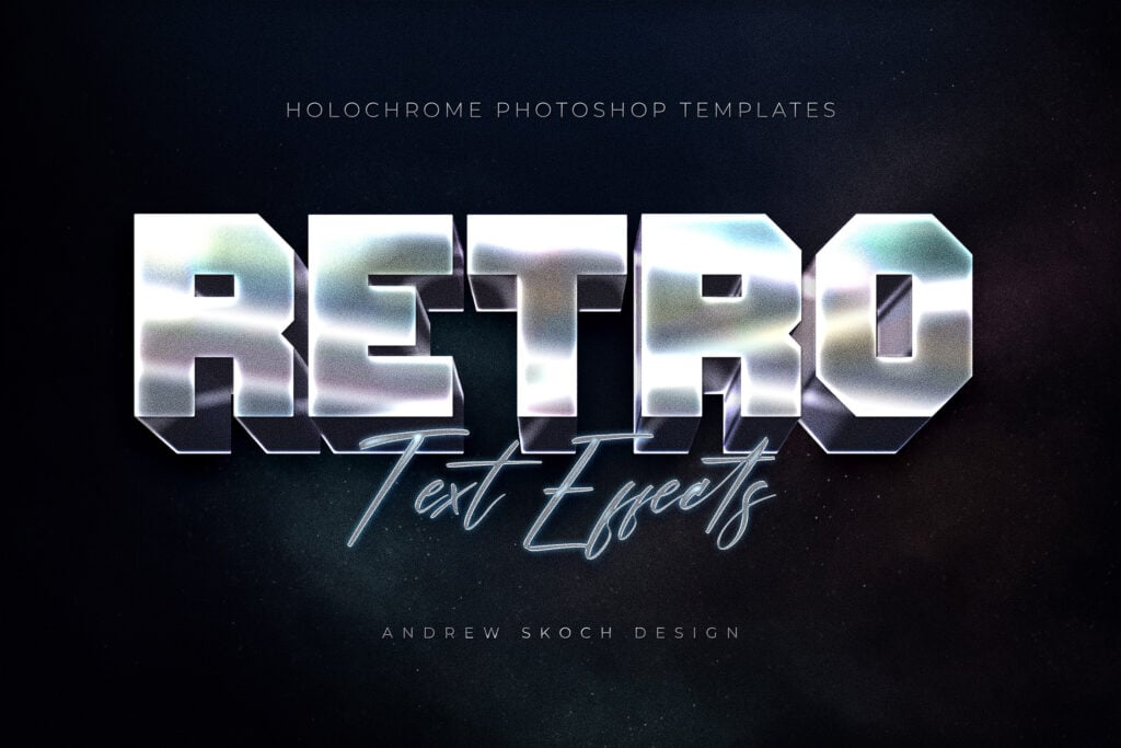 8款全息渐变金属镀铬现代未来3D立体海报标题Logo设计PS特效滤镜样机模板 Holochrome Text and Logo Effects 插件预设 sucaiwan.com