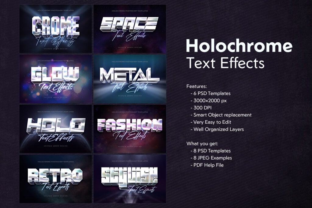 8款全息渐变金属镀铬现代未来3D立体海报标题Logo设计PS特效滤镜样机模板 Holochrome Text and Logo Effects 插件预设 sucaiwan.com