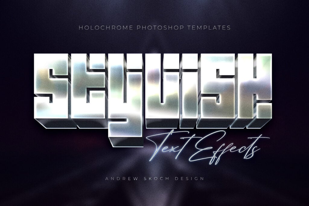 8款全息渐变金属镀铬现代未来3D立体海报标题Logo设计PS特效滤镜样机模板 Holochrome Text and Logo Effects 插件预设 sucaiwan.com