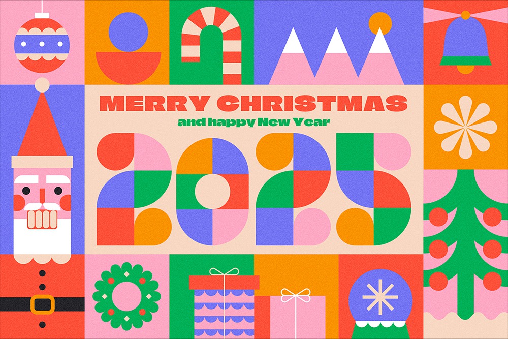 10款趣味卡通2025圣诞节新年跨年平安夜AI矢量海报banner日历分层源文件Geometric Christmas & New Year 2025 template set 图片素材 sucaiwan.com