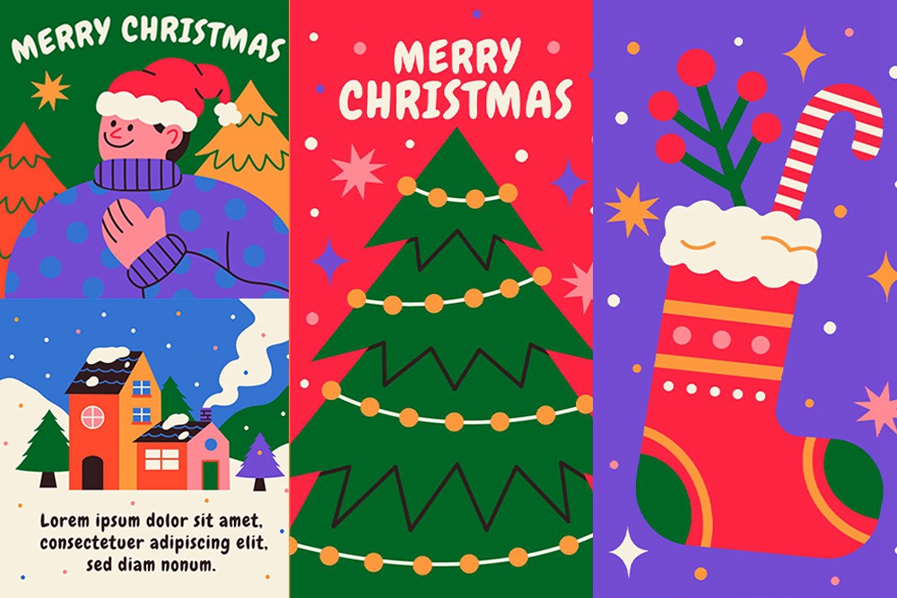 10款趣味卡通2025圣诞节新年跨年平安夜AI矢量海报banner日历分层源文件Flat Christmas village illustration, pattern and template set 图片素材 sucaiwan.com
