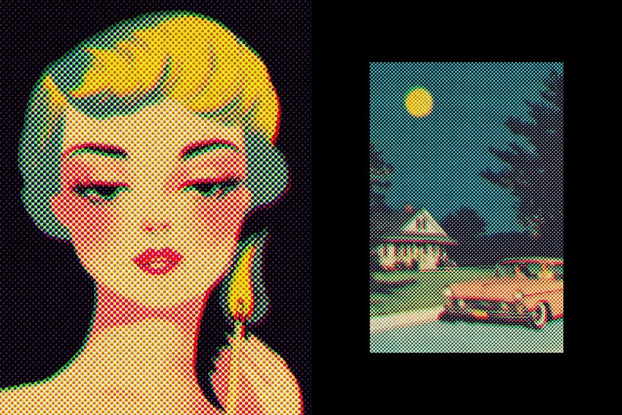 复古半调波点波普颗粒打印印刷纸张肌理叠加PSD特效样机Halftone Retro Print Effect 插件预设 sucaiwan.com