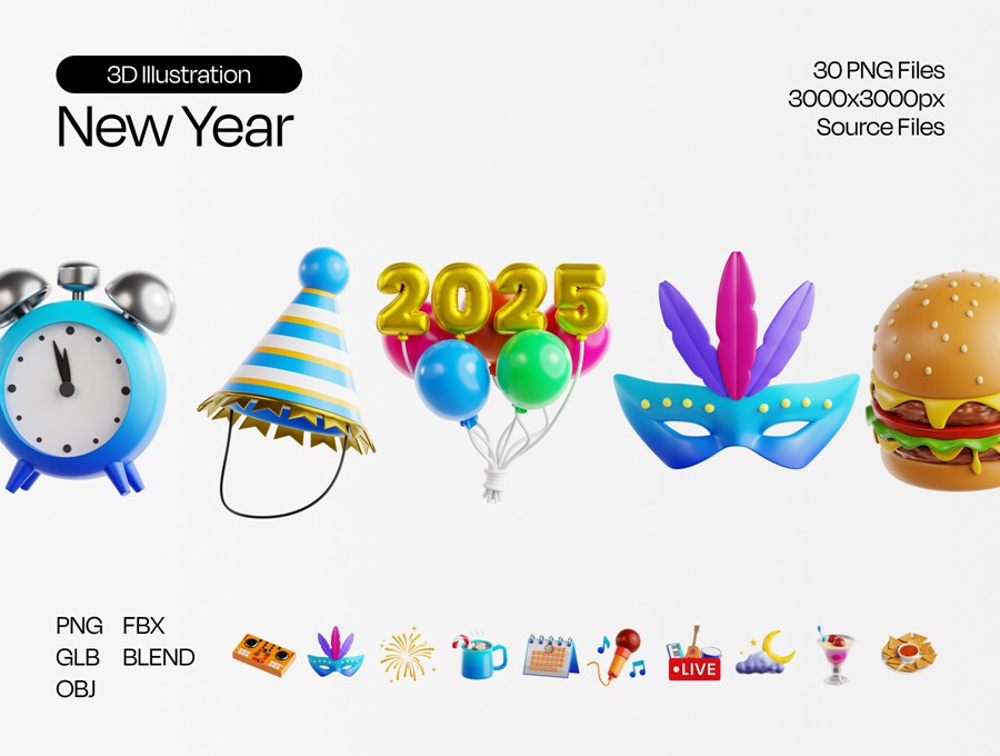 30款3D趣味2025新年跨年庆祝icon图标PNG插画插图Blender模型设计套装New Year 2025 3D Illustration 图标素材 第1张-素材湾丨精选海外优质设计素材资源 30款3D趣味2025新年跨年庆祝icon图标PNG插画插图Blender模型设计套装New Year 2025 3D Illustration 图标素材 sucaiwan.com