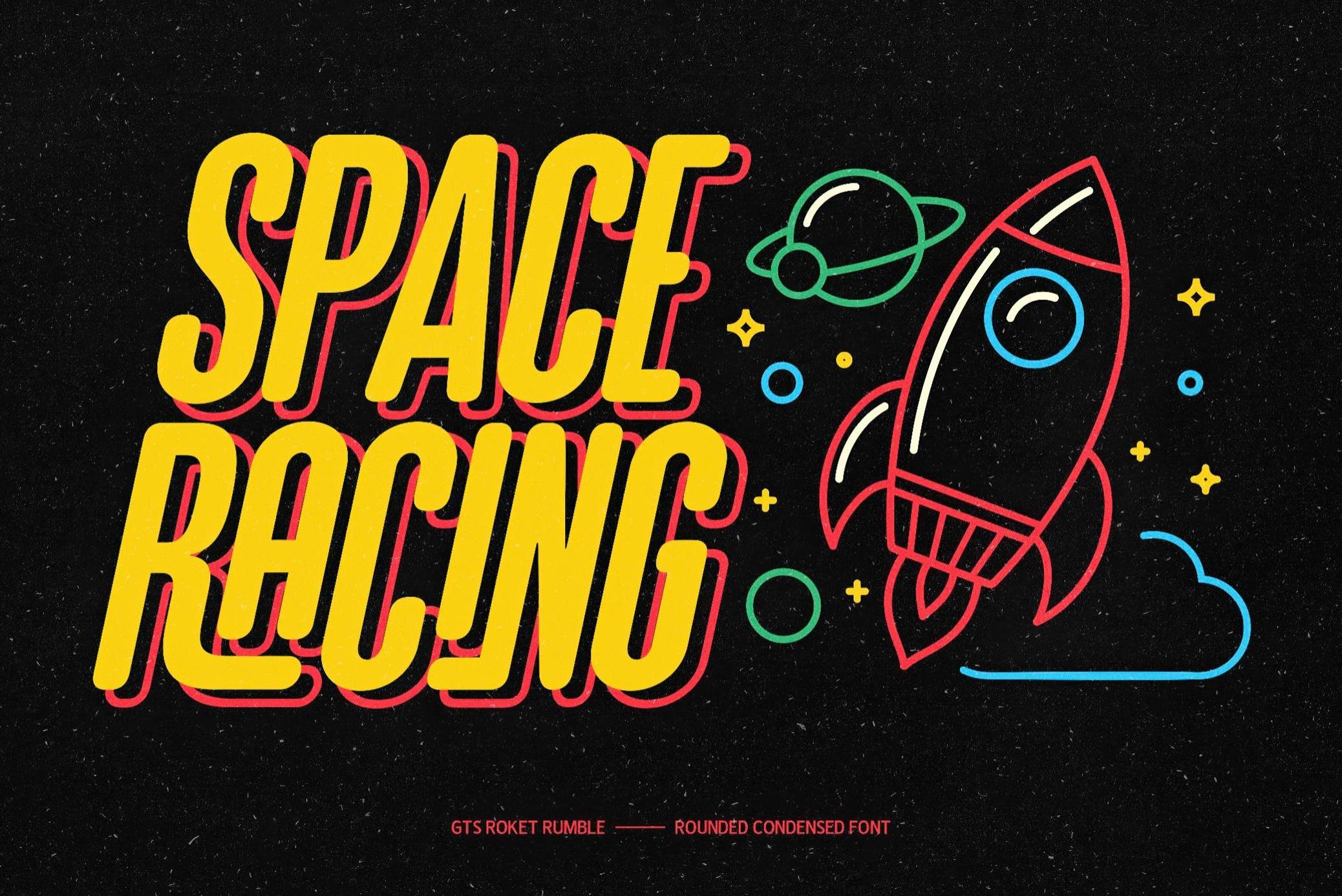 复古霓虹灯效果游戏海报徽标设计无衬线英文字体安装包 GTS Rocket Rumble — Retro Condensed Font 设计素材 sucaiwan.com