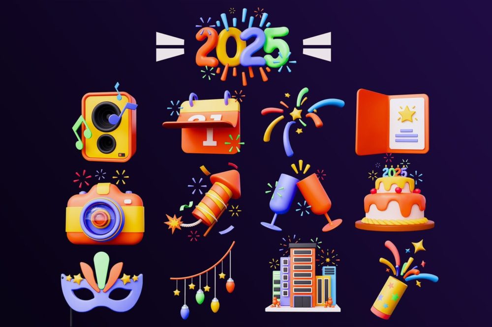 13款3D质感2025新年节日派对庆祝插图图标Icons设计OBJ/PNG格式素材 New Year 3D Icon Pack 图标素材 sucaiwan.com