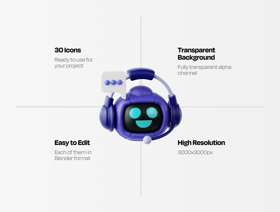 30款3D质感AI人工智能机器人插图图标Icons设计Blender/PNG/OBJ格式素材 Artificial Intelligence Essential 3D Illustration 图标素材 sucaiwan.com