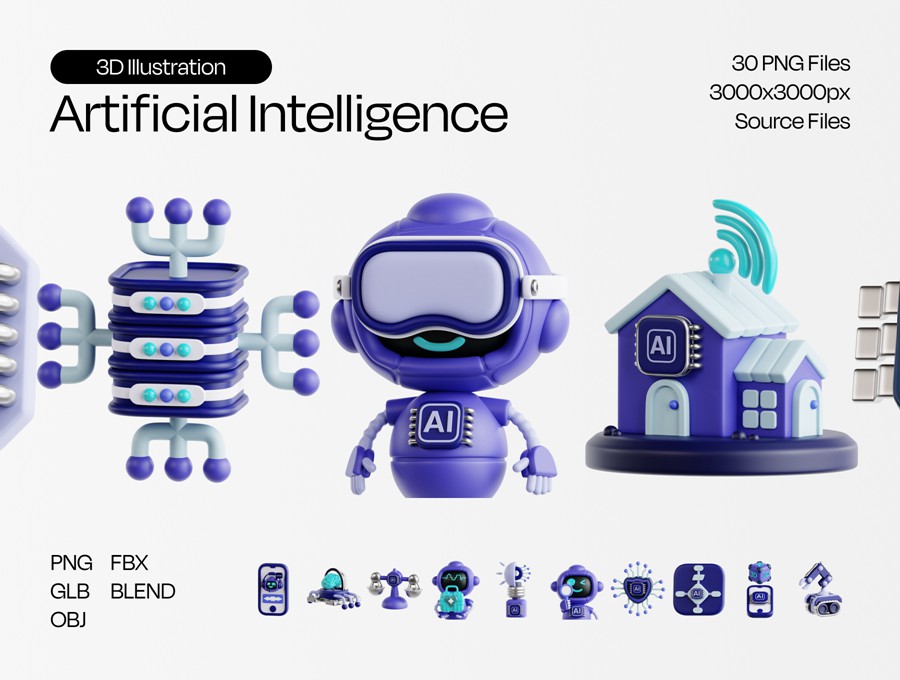 30款3D质感AI人工智能机器人插图图标Icons设计Blender/PNG/OBJ格式素材 Artificial Intelligence Essential 3D Illustration 图标素材 sucaiwan.com