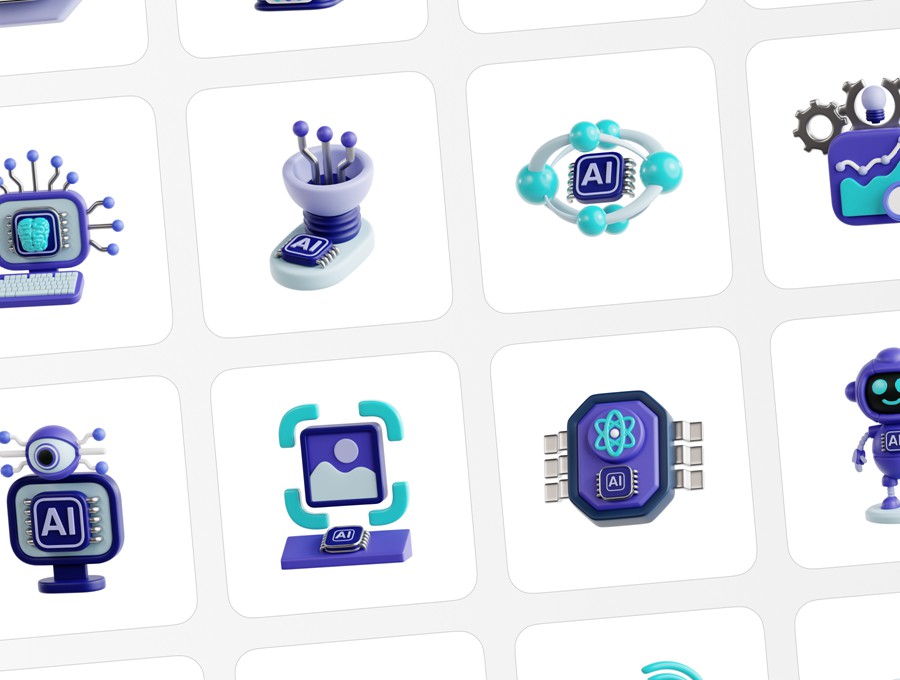 30款3D质感AI人工智能机器人插图图标Icons设计Blender/PNG/OBJ格式素材 Artificial Intelligence Essential 3D Illustration 图标素材 sucaiwan.com