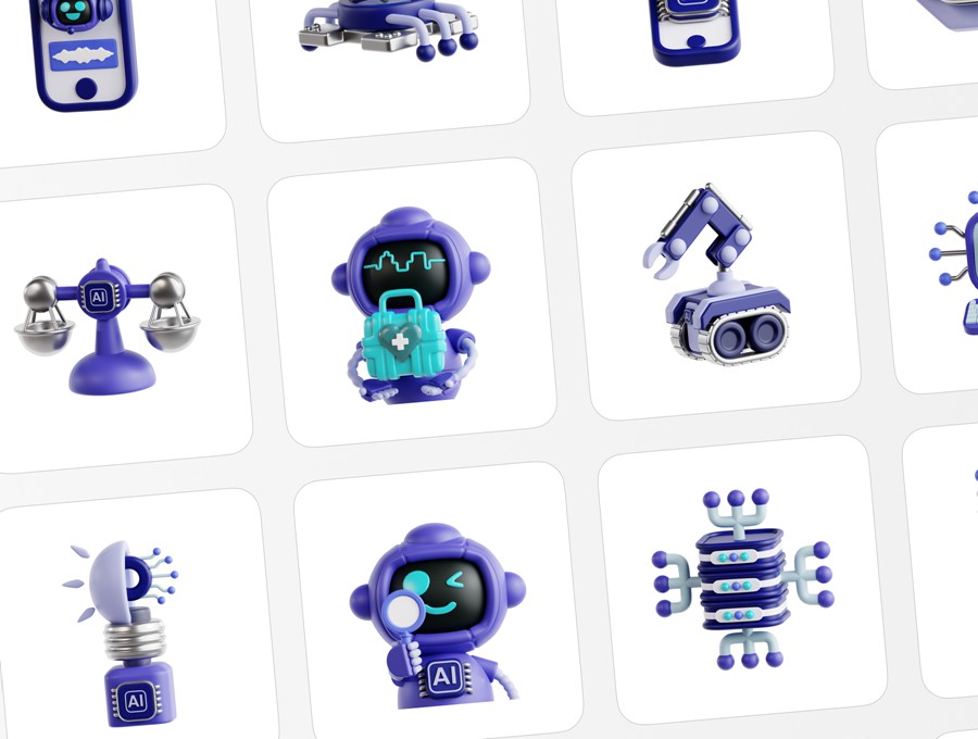 30款3D质感AI人工智能机器人插图图标Icons设计Blender/PNG/OBJ格式素材 Artificial Intelligence Essential 3D Illustration 图标素材 sucaiwan.com