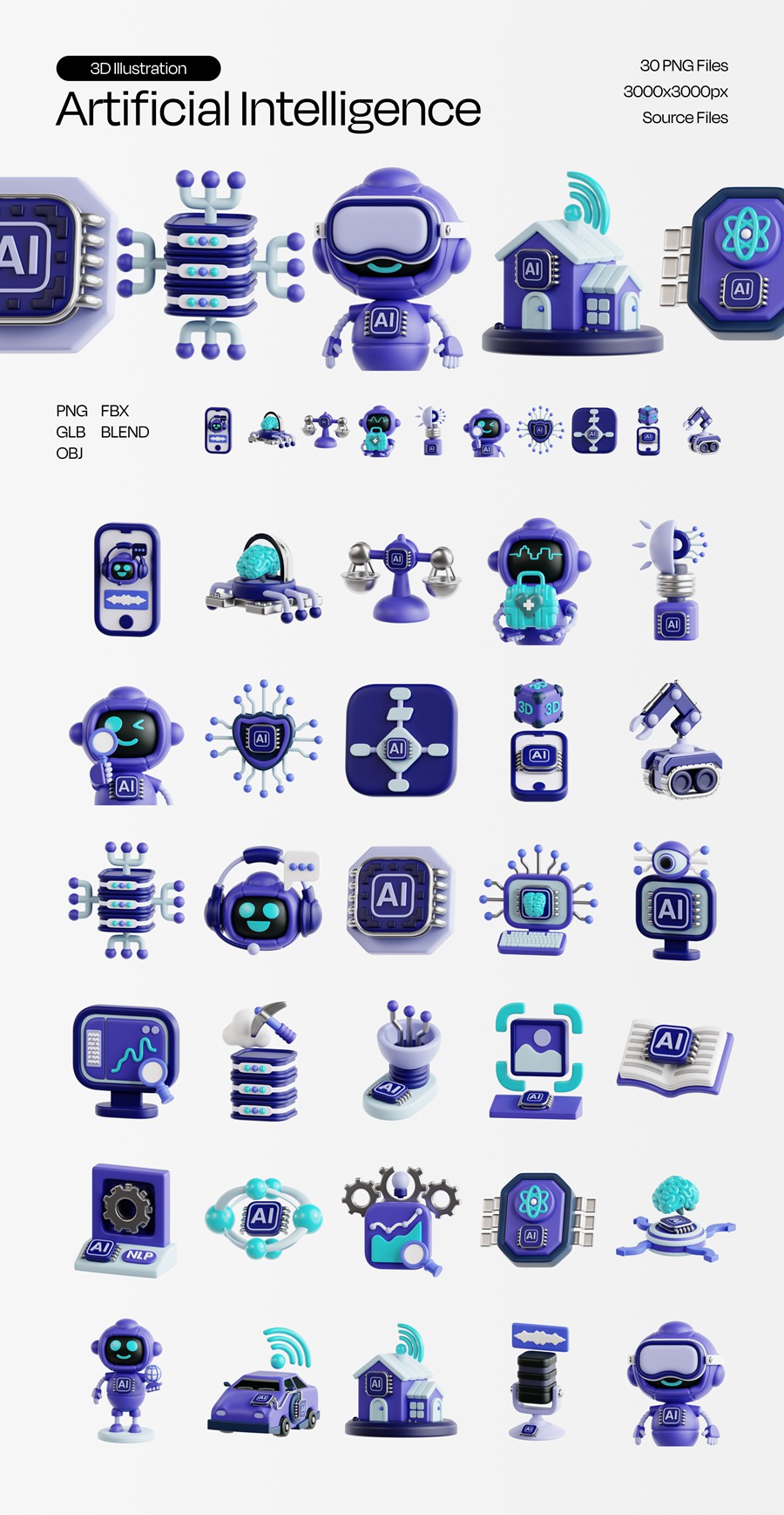 30款3D质感AI人工智能机器人插图图标Icons设计Blender/PNG/OBJ格式素材 Artificial Intelligence Essential 3D Illustration 图标素材 sucaiwan.com