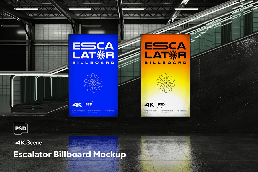 极简地下通道地铁站电梯广告灯箱发光屏幕海报设计展示PSD样机Escalator Billboard Mockup , sucaiwan.com