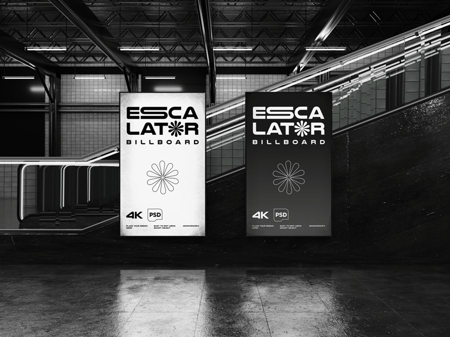 极简地下通道地铁站电梯广告灯箱发光屏幕海报设计展示PSD样机Escalator Billboard Mockup , sucaiwan.com