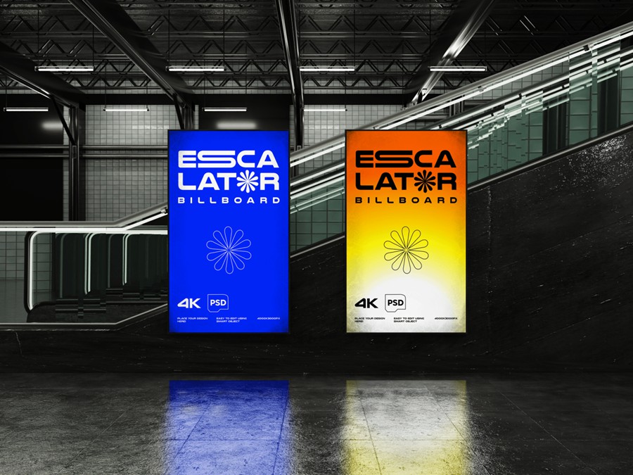 极简地下通道地铁站电梯广告灯箱发光屏幕海报设计展示PSD样机Escalator Billboard Mockup , sucaiwan.com
