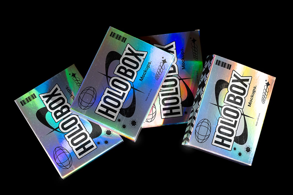 3款复古Y2K全息铝箔包装盒纸盒外观设计展示PSD样机Holographic Box – Mockup Pack , 第4张-素材湾丨精选海外优质设计素材资源 3款复古Y2K全息铝箔包装盒纸盒外观设计展示PSD样机Holographic Box – Mockup Pack , sucaiwan.com