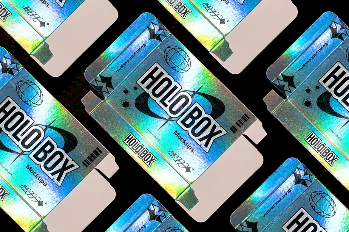 3款复古Y2K全息铝箔包装盒纸盒外观设计展示PSD样机Holographic Box – Mockup Pack , 第5张-素材湾丨精选海外优质设计素材资源 3款复古Y2K全息铝箔包装盒纸盒外观设计展示PSD样机Holographic Box – Mockup Pack , sucaiwan.com