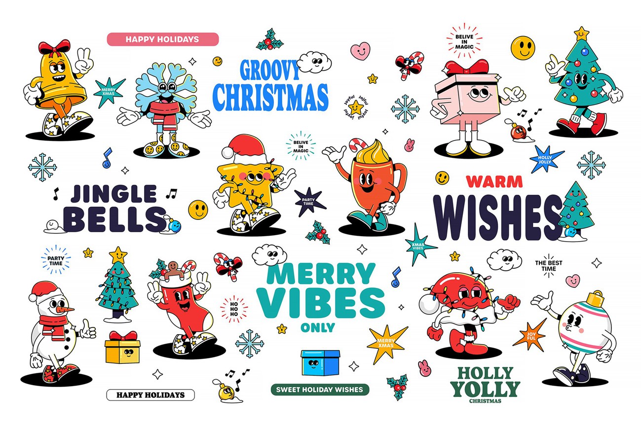 21款复古趣味圣诞欢乐卡通新年人物礼物AI矢量PNG插画插图设计元素套装Groovy Christmas Characters Collection , 第1张-素材湾丨精选海外优质设计素材资源 21款复古趣味圣诞欢乐卡通新年人物礼物AI矢量PNG插画插图设计元素套装Groovy Christmas Characters Collection , sucaiwan.com