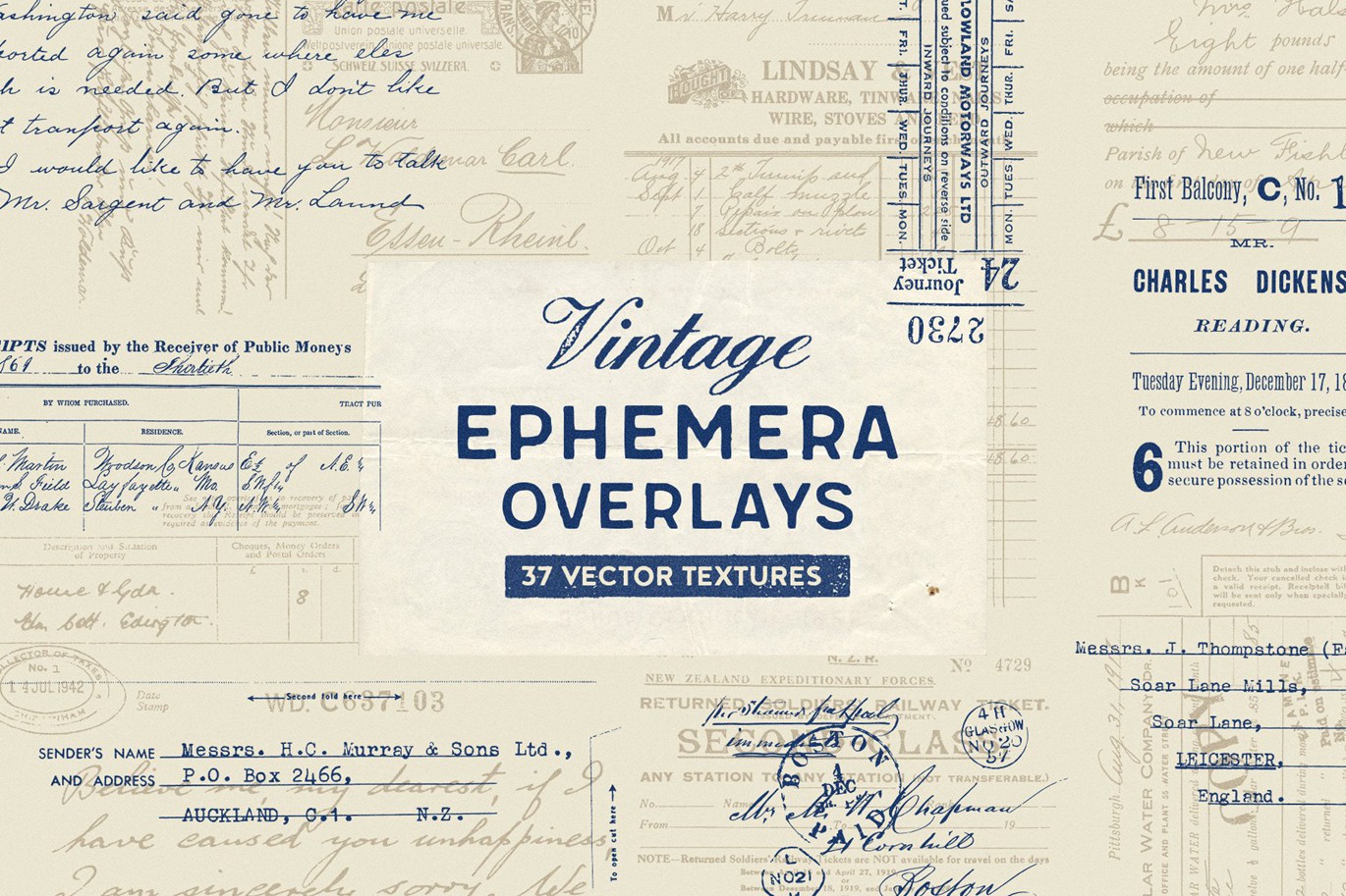 37款复古旧文件手写英文日记收据门票明信片发票邮件AI矢量PNG图形元素设计套装Vintage ephemera overlays , 第1张-素材湾丨精选海外优质设计素材资源 37款复古旧文件手写英文日记收据门票明信片发票邮件AI矢量PNG图形元素设计套装Vintage ephemera overlays , sucaiwan.com