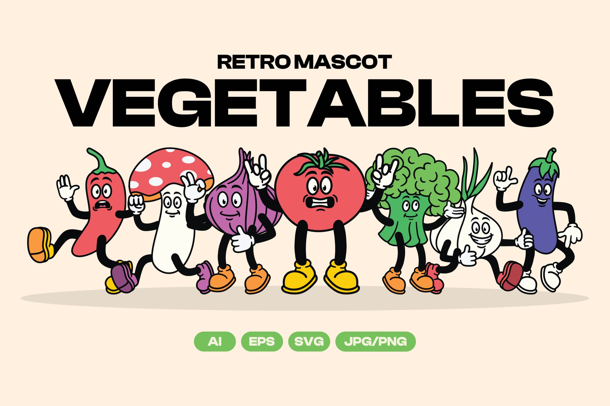 复古趣味卡通蔬菜人物AI矢量插画插图PNG设计元素Retro Mascot Vegetables Illustration , 第1张-素材湾丨精选海外优质设计素材资源 复古趣味卡通蔬菜人物AI矢量插画插图PNG设计元素Retro Mascot Vegetables Illustration , sucaiwan.com
