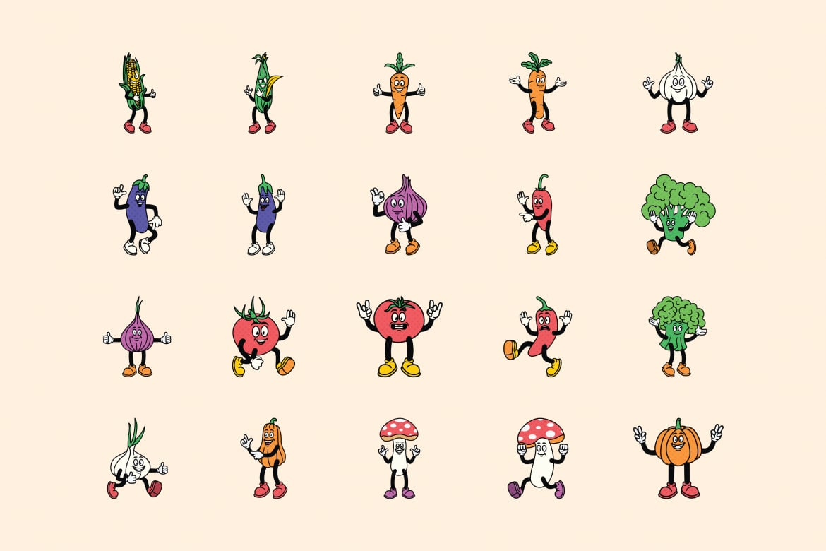复古趣味卡通蔬菜人物AI矢量插画插图PNG设计元素Retro Mascot Vegetables Illustration , 第4张-素材湾丨精选海外优质设计素材资源 复古趣味卡通蔬菜人物AI矢量插画插图PNG设计元素Retro Mascot Vegetables Illustration , sucaiwan.com