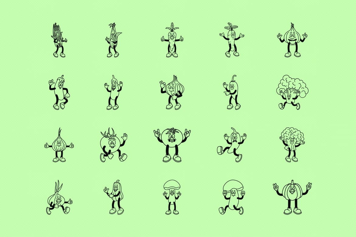 复古趣味卡通蔬菜人物AI矢量插画插图PNG设计元素Retro Mascot Vegetables Illustration , 第5张-素材湾丨精选海外优质设计素材资源 复古趣味卡通蔬菜人物AI矢量插画插图PNG设计元素Retro Mascot Vegetables Illustration , sucaiwan.com