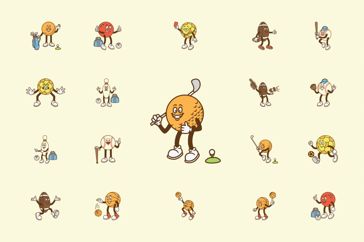 复古趣味卡通球类运动人物AI矢量插画插图PNG设计元素Retro Mascot Ball Character Illustration , 第4张-素材湾丨精选海外优质设计素材资源 复古趣味卡通球类运动人物AI矢量插画插图PNG设计元素Retro Mascot Ball Character Illustration , sucaiwan.com