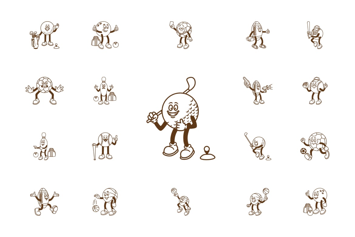 复古趣味卡通球类运动人物AI矢量插画插图PNG设计元素Retro Mascot Ball Character Illustration , 第7张-素材湾丨精选海外优质设计素材资源 复古趣味卡通球类运动人物AI矢量插画插图PNG设计元素Retro Mascot Ball Character Illustration , sucaiwan.com