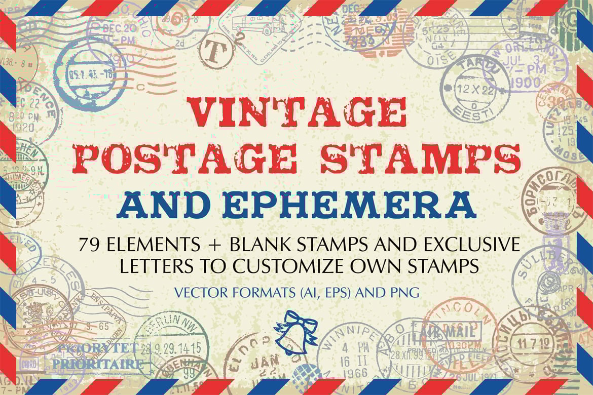 复古英伦邮票印章印戳AI矢量PNG图形设计元素套装Vintage postage stamps and ephemeral vector set , sucaiwan.com