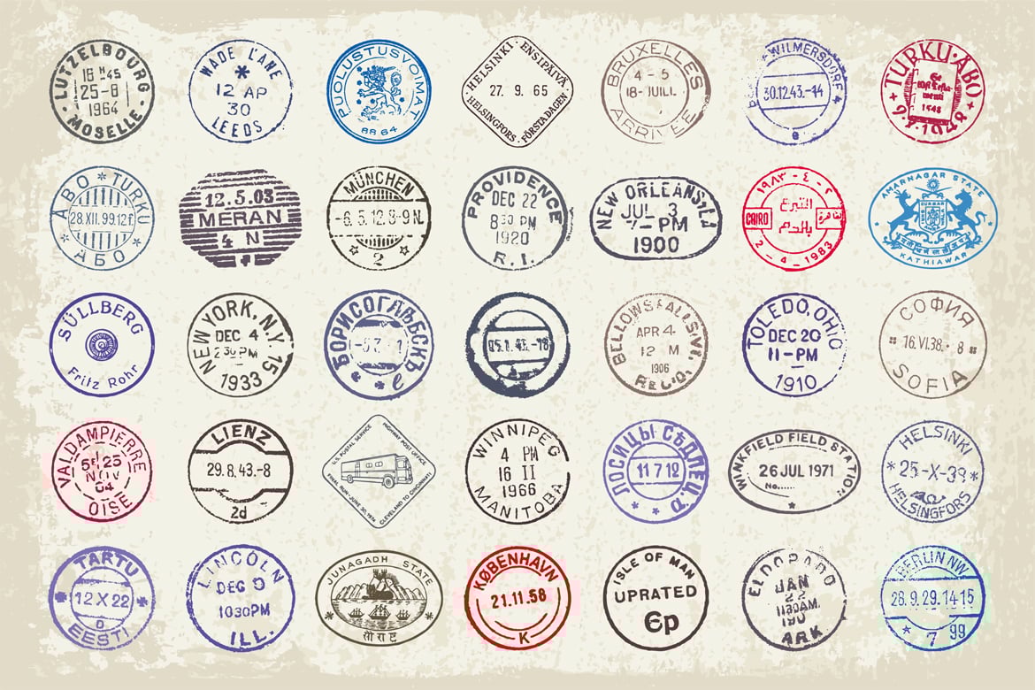 复古英伦邮票印章印戳AI矢量PNG图形设计元素套装Vintage postage stamps and ephemeral vector set , sucaiwan.com