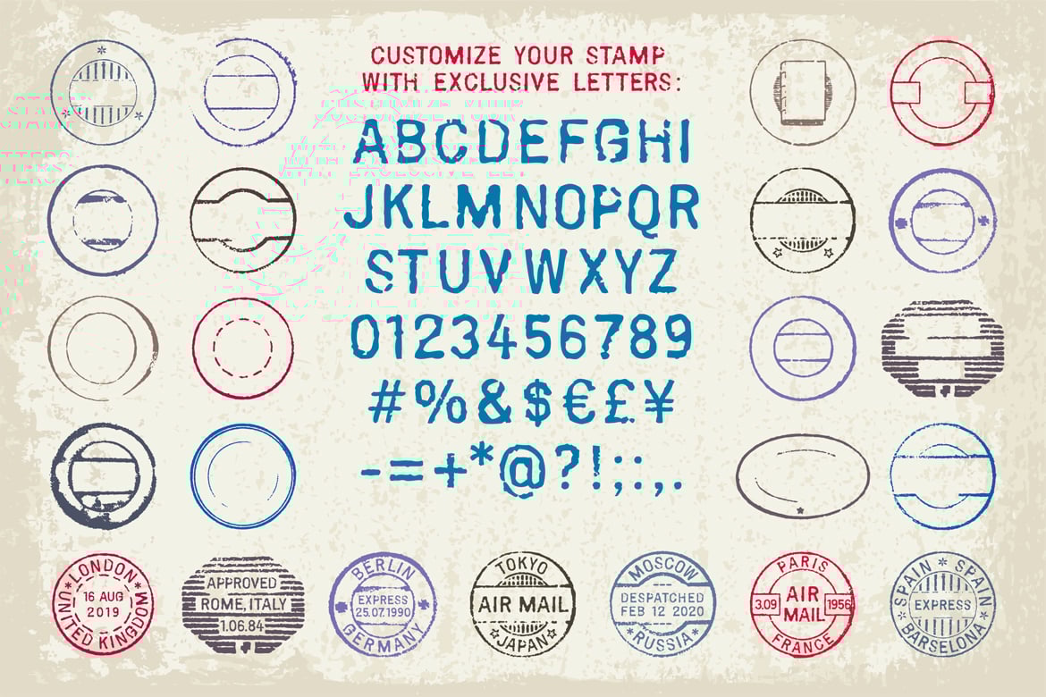 复古英伦邮票印章印戳AI矢量PNG图形设计元素套装Vintage postage stamps and ephemeral vector set , sucaiwan.com