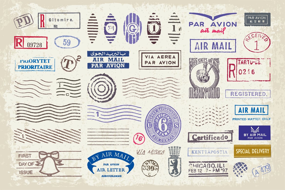 复古英伦邮票印章印戳AI矢量PNG图形设计元素套装Vintage postage stamps and ephemeral vector set , sucaiwan.com