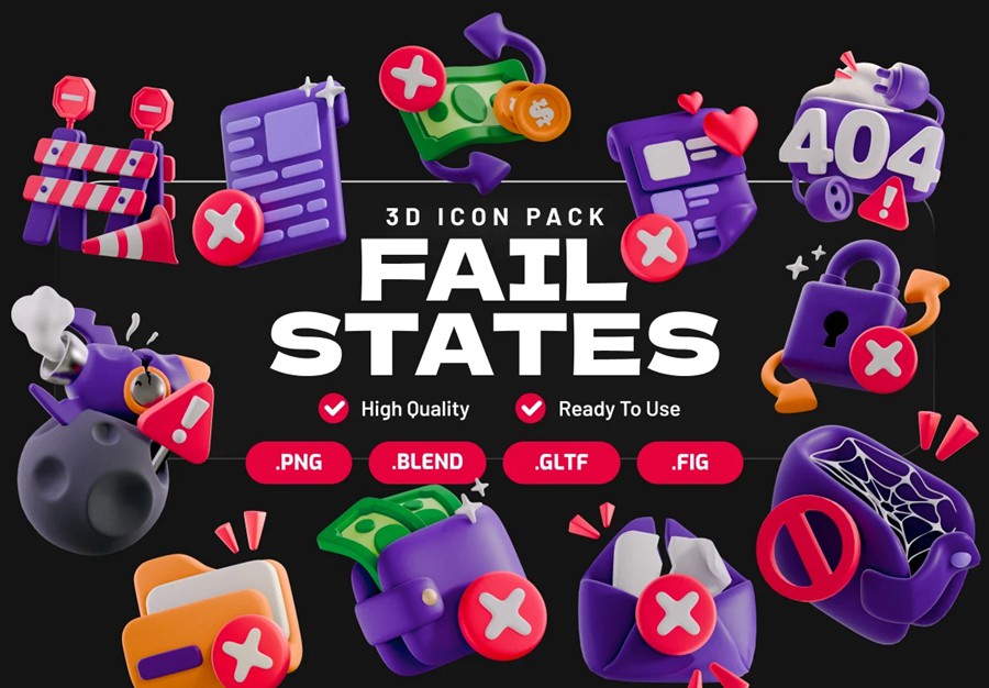 12款3D立体质感404访问密码错误链接丢失状态插图图标Icons设计Blender/Figma/PNG格式素材 Fail States 3D Icon 图标素材 第1张-素材湾丨精选海外优质设计素材资源 12款3D立体质感404访问密码错误链接丢失状态插图图标Icons设计Blender/Figma/PNG格式素材 Fail States 3D Icon 图标素材 sucaiwan.com