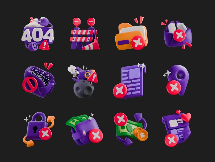 12款3D立体质感404访问密码错误链接丢失状态插图图标Icons设计Blender/Figma/PNG格式素材 Fail States 3D Icon 图标素材 第2张-素材湾丨精选海外优质设计素材资源 12款3D立体质感404访问密码错误链接丢失状态插图图标Icons设计Blender/Figma/PNG格式素材 Fail States 3D Icon 图标素材 sucaiwan.com