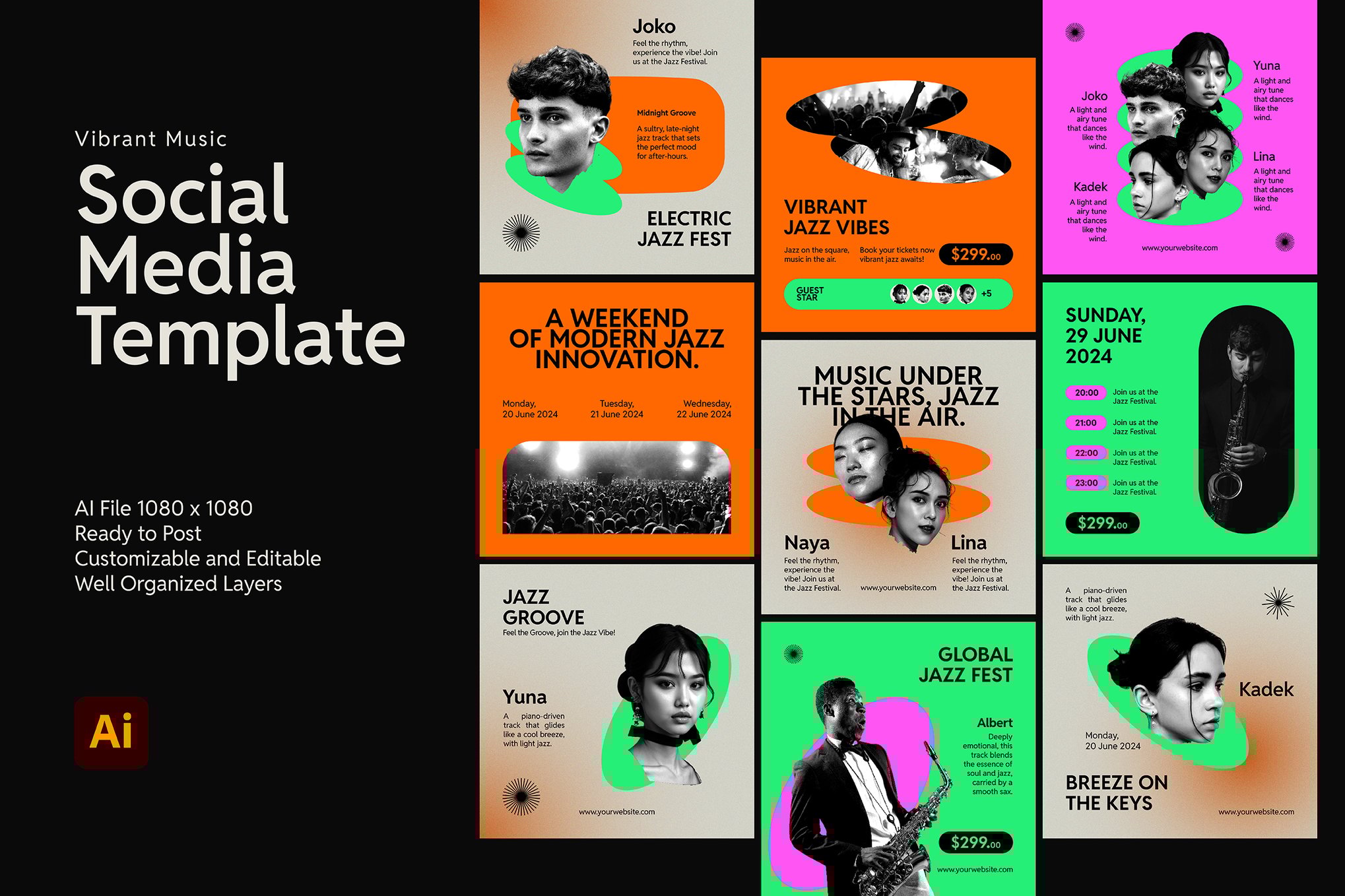 时尚炫彩音乐会活动推广公众号推文电商海报设计AI矢量素材 Vibrant Music – Social Media Post Template 图片素材 sucaiwan.com