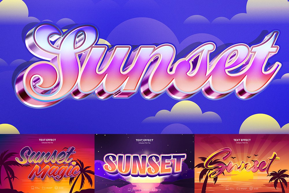 10款蒸汽波3D立体落日Y2K夏威夷度假风文本标题logo徽标PSD特效样机Sunset text effect set 图片素材 sucaiwan.com