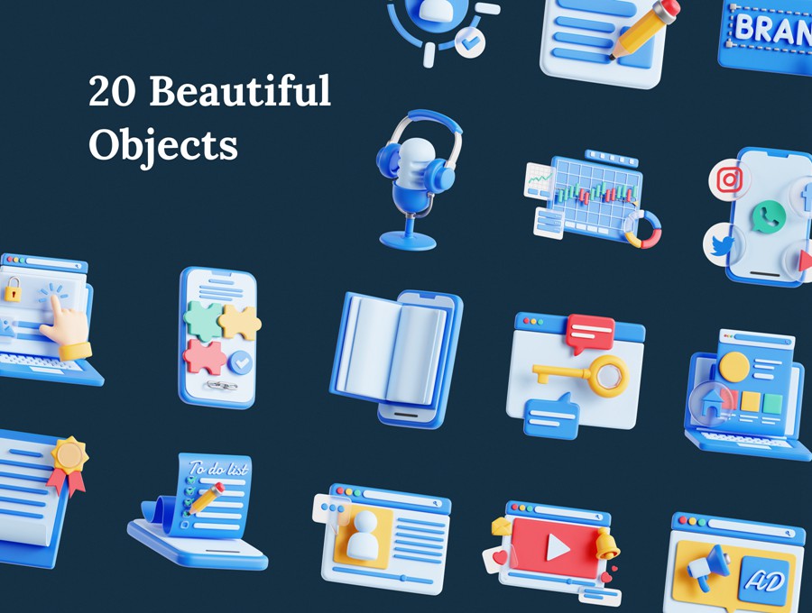 20款市场营销3D插图图标Icons设计Blender/PNG格式素材 Content Marketing 3D Icon Set 图标素材 sucaiwan.com