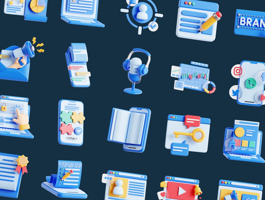 20款市场营销3D插图图标Icons设计Blender/PNG格式素材 Content Marketing 3D Icon Set 图标素材 sucaiwan.com