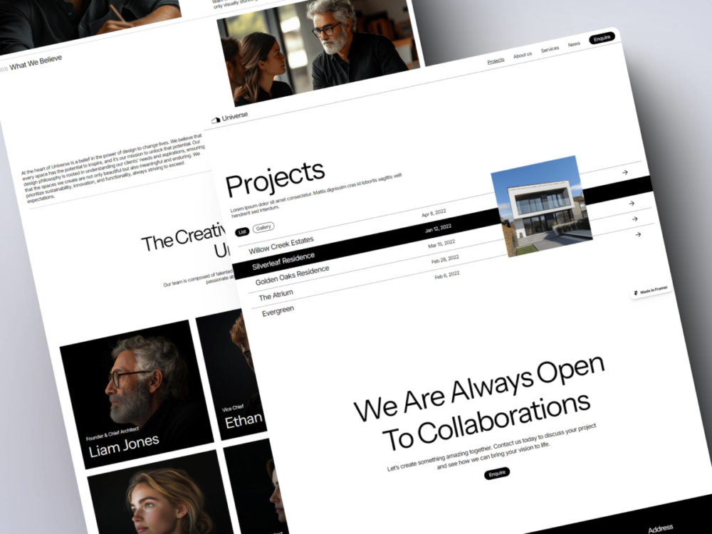 高级现代美学空间建筑外观设计师公司网站WEB UI界面设计Framer模板素材 Universe Framer Template APP UI sucaiwan.com