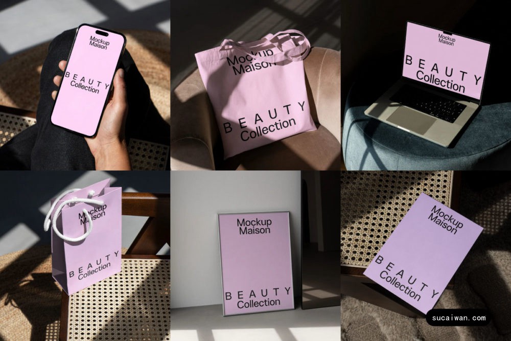 7款国外小众iPhone手机MacBook电脑手提袋帆布袋海报VI展示PS贴图样机 Mockup.Maison – Beauty Branding Mockup Collection Vol 2 样机素材 sucaiwan.com