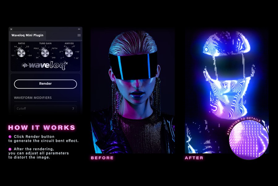 复古梦幻发光毛刺模糊失真电路弯曲模拟调制视觉CRT效果Photoshop插件 Waveloq Photoshop PS Plugin , 第2张-素材湾丨精选海外优质设计素材资源 复古梦幻发光毛刺模糊失真电路弯曲模拟调制视觉CRT效果Photoshop插件 Waveloq Photoshop PS Plugin , sucaiwan.com