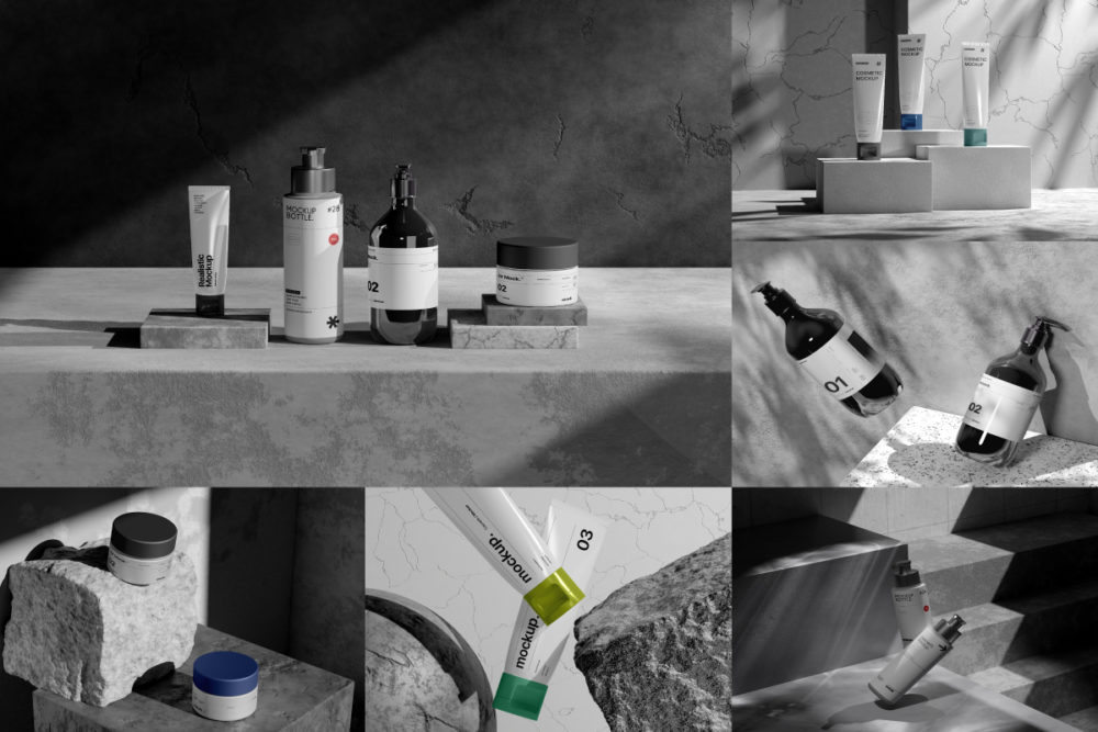 15款高级混凝土背景化妆品软管按压瓶面霜包装瓶设计PS展示贴图样机模板 Cosmetic Mockup Bundle 样机素材 sucaiwan.com