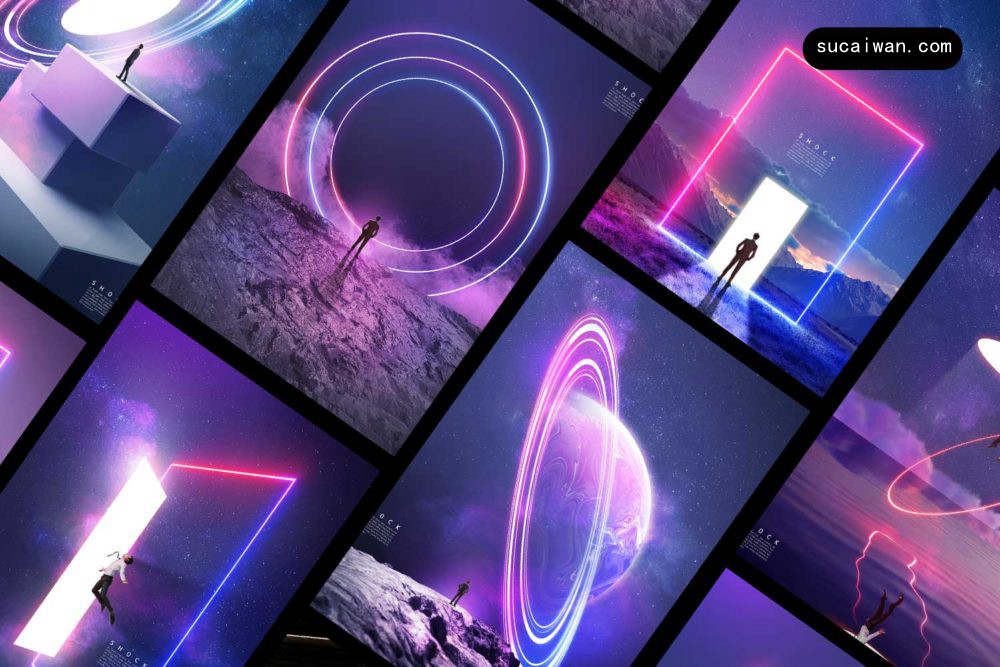 15款炫彩创意霓虹灯蒸汽波抽象科幻未来kv视觉海报设计ps素材源文件 Neon poster PSD template 图片素材 sucaiwan.com