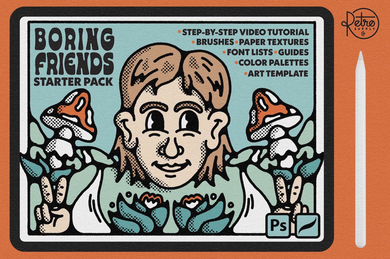 20款复古70年代半调波点颗粒铅笔纸张肌理Procreate画笔预设绘画套装RSCO Boring Friends Starter Pack for Procreate , 第1张-素材湾丨精选海外优质设计素材资源 20款复古70年代半调波点颗粒铅笔纸张肌理Procreate画笔预设绘画套装RSCO Boring Friends Starter Pack for Procreate , sucaiwan.com