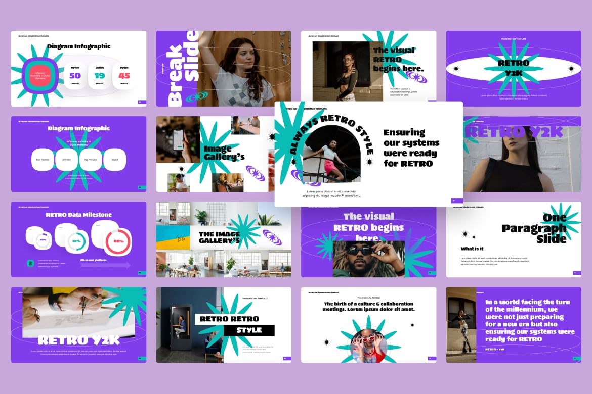 复古美学y2k风格品牌营销策划演示文稿设计ppt模板 Y2K Style Retro PowerPoint 幻灯图表 sucaiwan.com