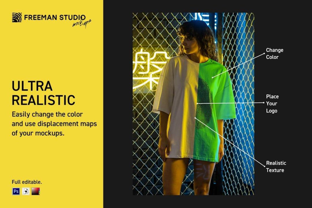 14款潮流霓虹背景女士半袖衫T恤设计展示效果图PS智能贴图样机模板合集 T-Shirt Mock-Up Set 样机素材 sucaiwan.com