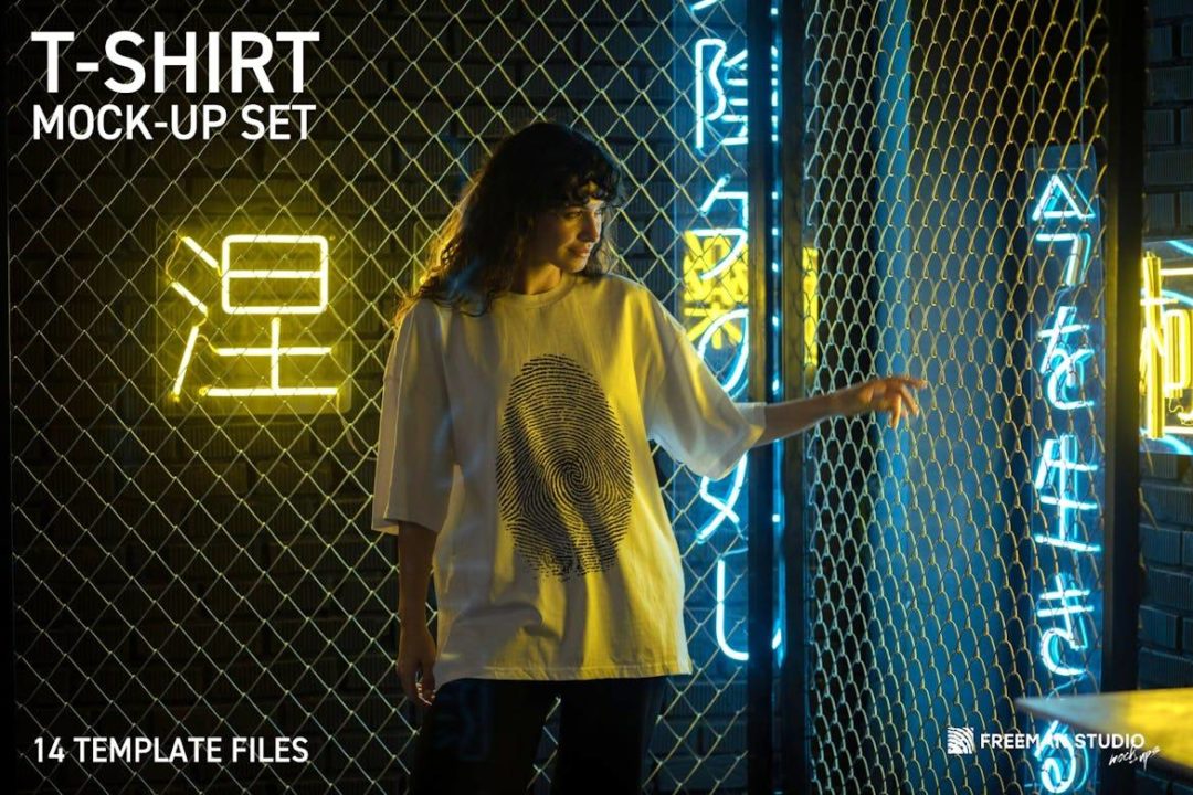 14款潮流霓虹背景女士半袖衫T恤设计展示效果图PS智能贴图样机模板合集 T-Shirt Mock-Up Set 样机素材 sucaiwan.com