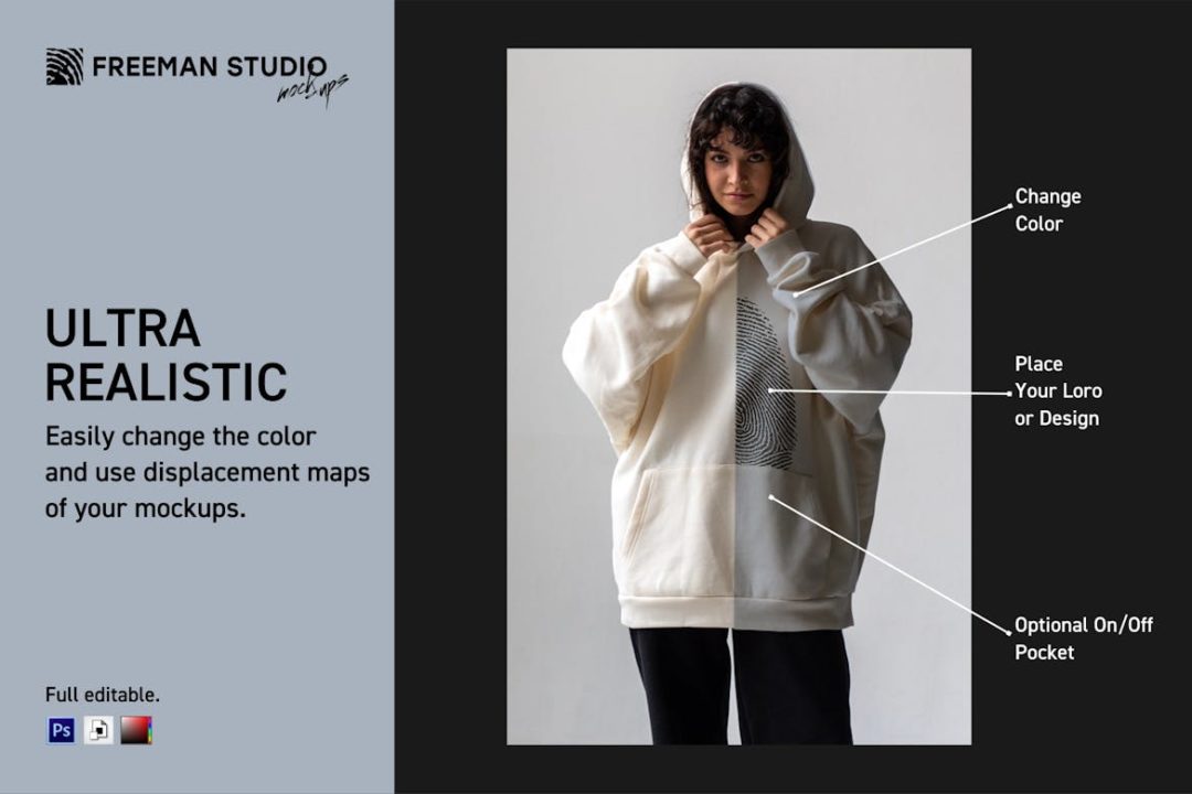 17款时尚女士超大连衣帽衫卫衣LOGO印花图案设计展示贴图效果图PSD样机模板合集 Hoodie Mock-Up Set 样机素材 sucaiwan.com