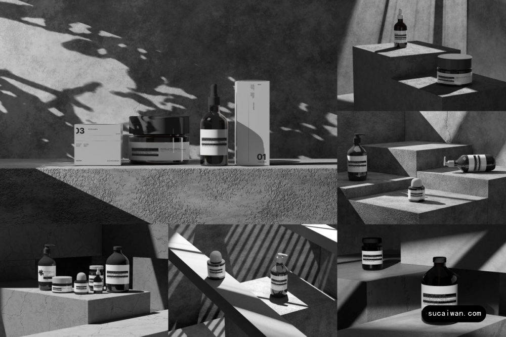 10款混凝土背景化妆护肤品滴管瓶按压瓶包装瓶设计PS展示效果图样机模板East Graphics – 10 Cosmetic Mockup 样机素材 sucaiwan.com