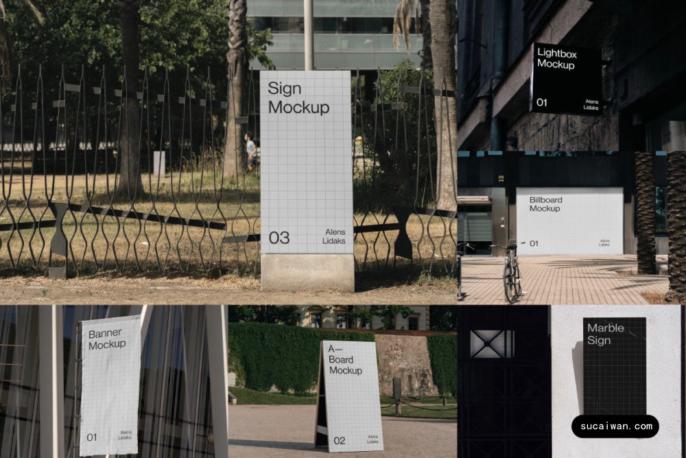 6款国外城市街头标牌条幅海报广告牌设计PS贴图样机模板素材Alens Lidaks – Sign & Billboard Mockup Vol 1 样机素材 sucaiwan.com