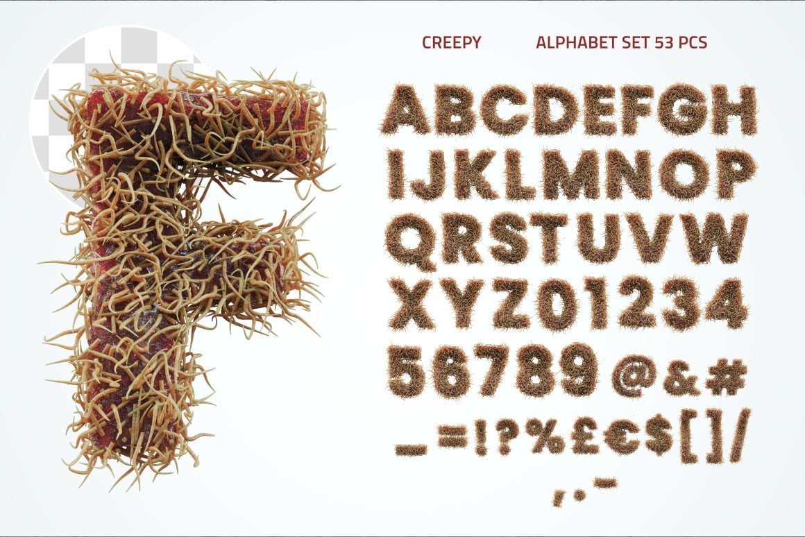 恐怖俏皮创意万圣节元素3D英文字母数字符号PNG免抠图设计素材Creepy PNG Alphabet 图片素材 sucaiwan.com