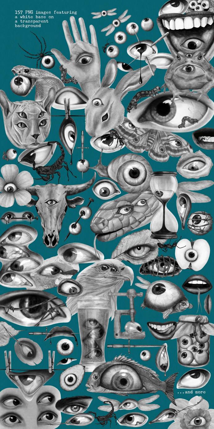 157款复古黑白恐怖迷幻眼睛纹身刺青插画潮流艺术png免抠拼贴图片素材Mindrift. Psychedelic Illustrations 图片素材 sucaiwan.com